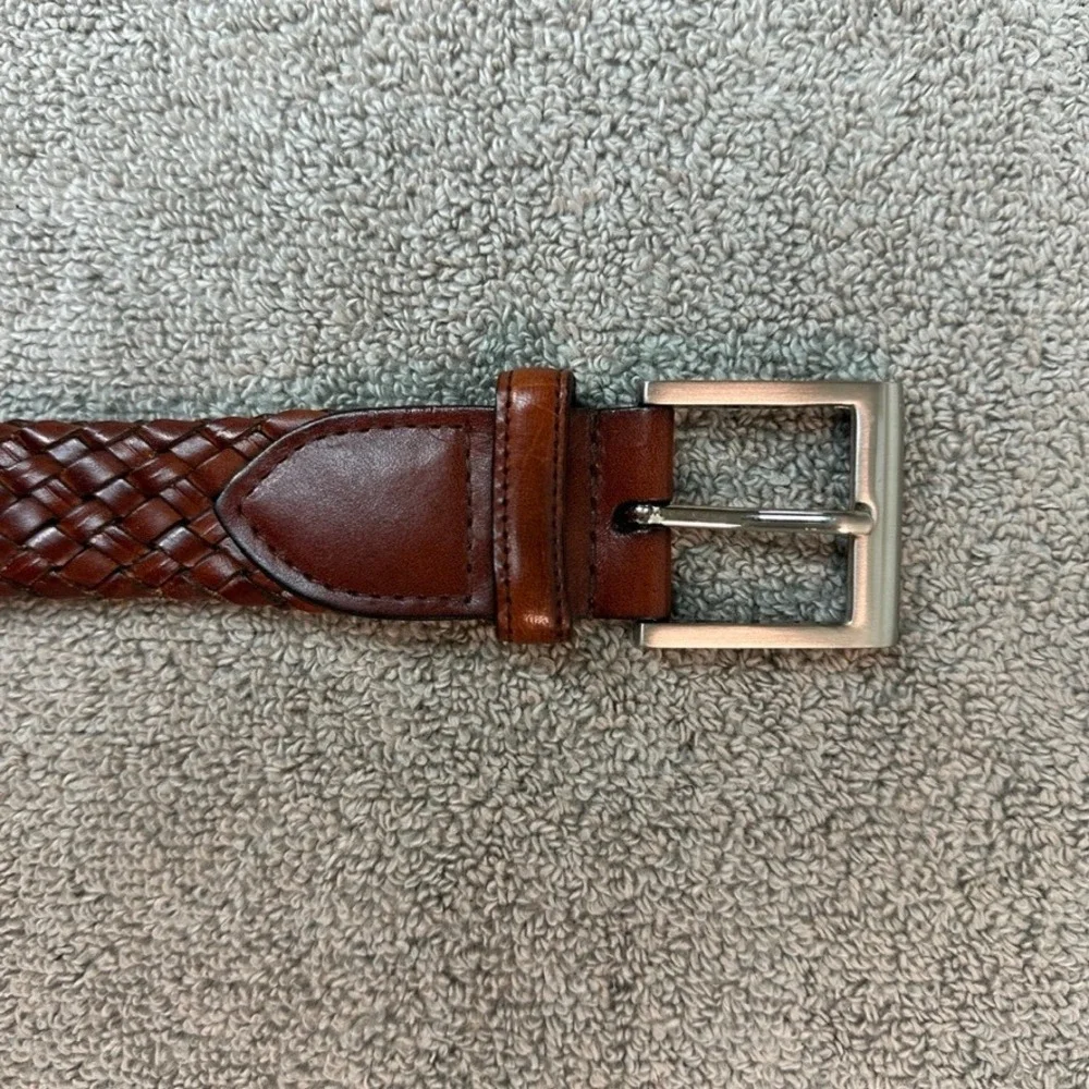 Mens Brown Braided Genuine Leather Belt Size 40 Woven Adjustable Silver Buckle